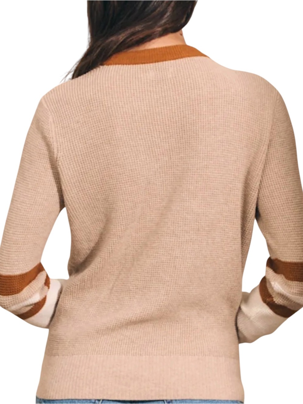 FAHERTY Throwback Crew Neck Waffle Knit Sweater in Tan Oat Varsity Stripe Small - Picture 4 of 11